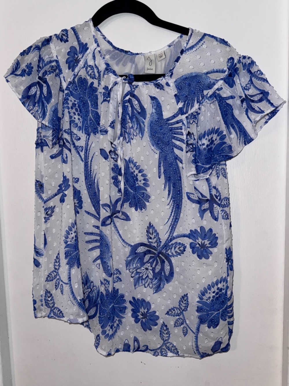 Joie White Blouse with Blue Floral Print and Flutter Sleeves